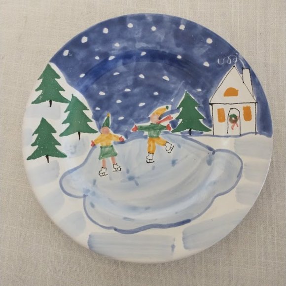 CHRISTMAS PLATE – super cute! painted kids skating - Picture 1 of 2